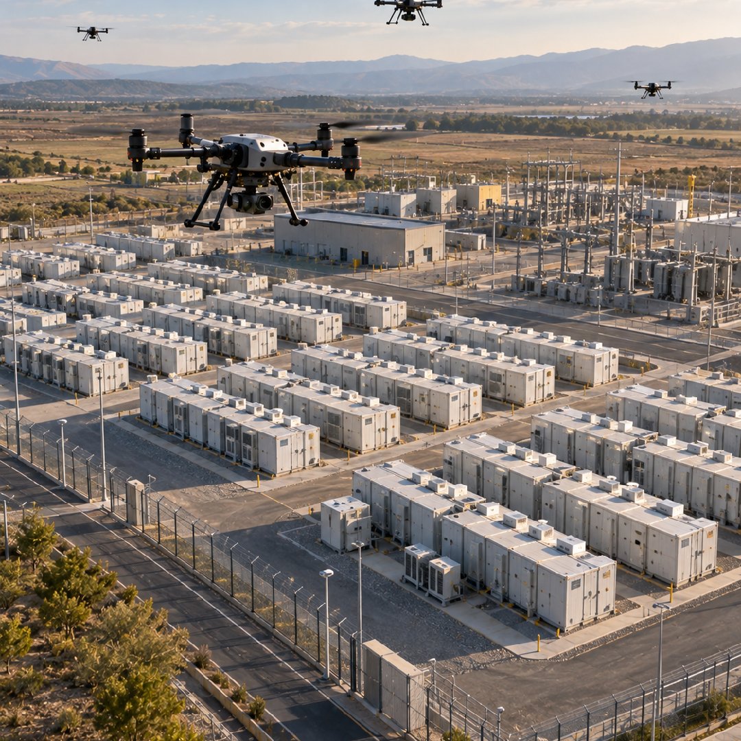 Coordinated UAV fleet inspecting a large utility energy storage and substation complex, balancing multiple mission objectives such as inspection coverage, flight efficiency, asset priority and operational constraints across distributed infrastructure.