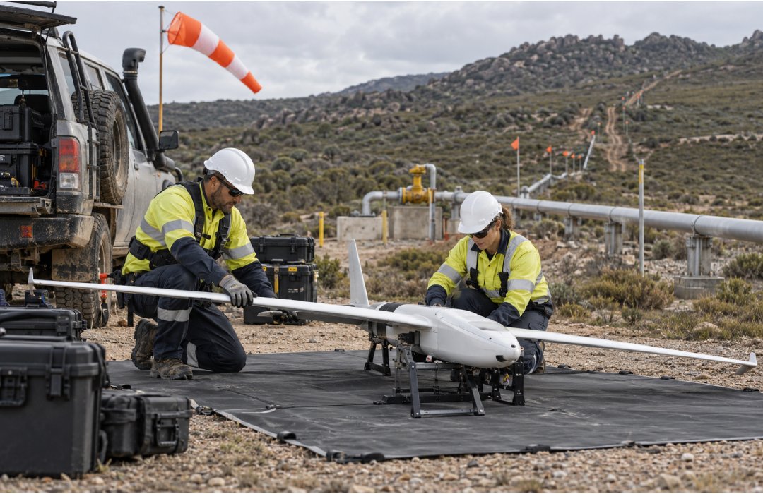 Field team preparing a fixed-wing UAV beside an exposed gas pipeline in rugged terrain.
