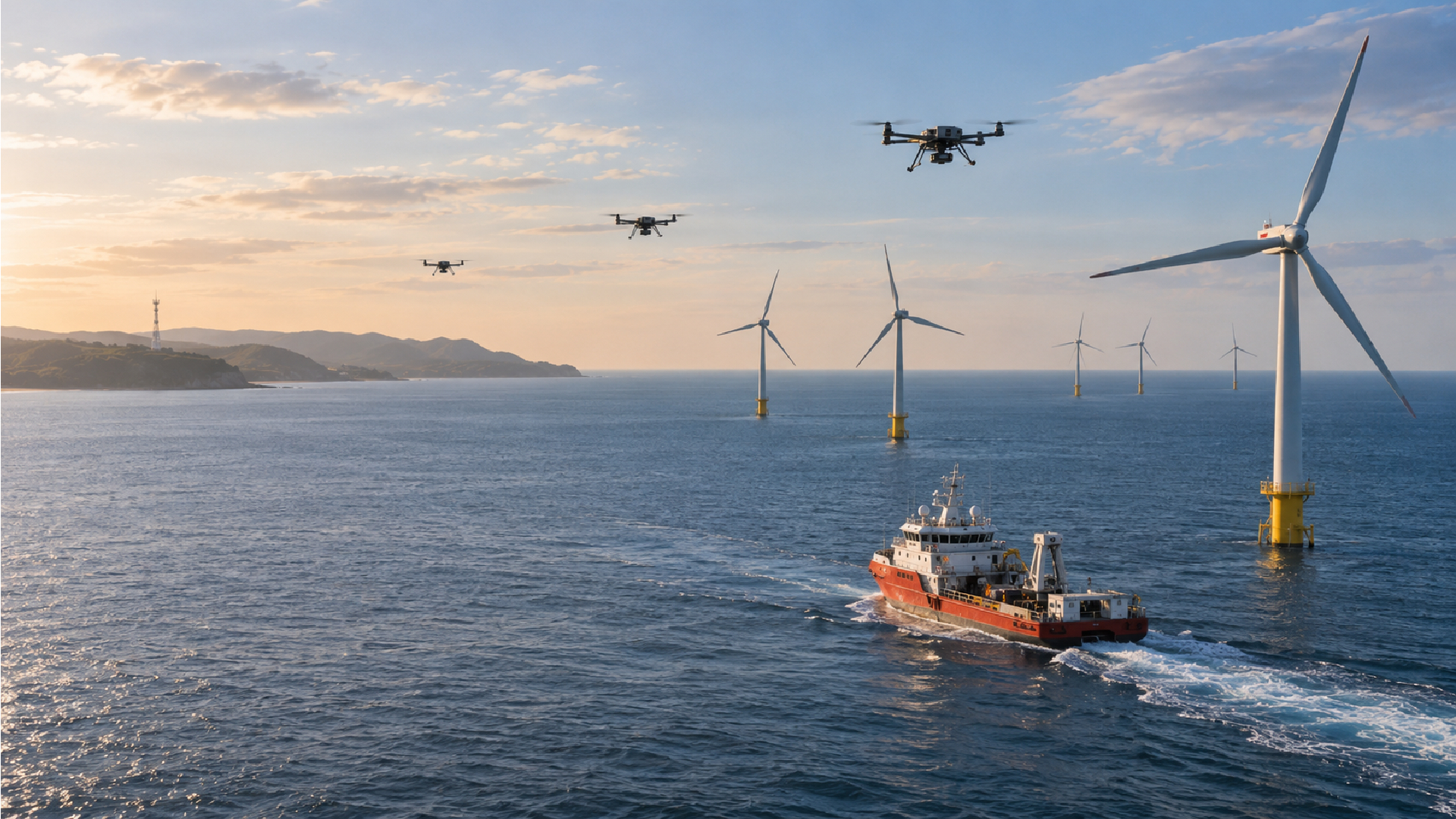 Cooperative UAVs extending 5G connectivity across an offshore wind farm, turning fixed network coverage into a mobile aerial communications layer that supports vessels, remote assets and distributed utility operations.