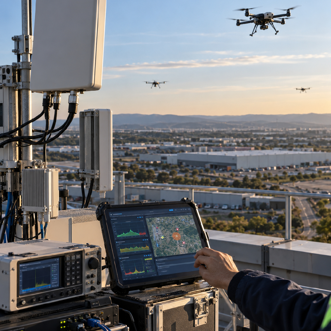 UAV network operations specialist monitoring 5G signal quality, coverage performance and connectivity across multiple cooperative drones, helping maintain reliable communications as aerial relay nodes dynamically extend service across the operational area.