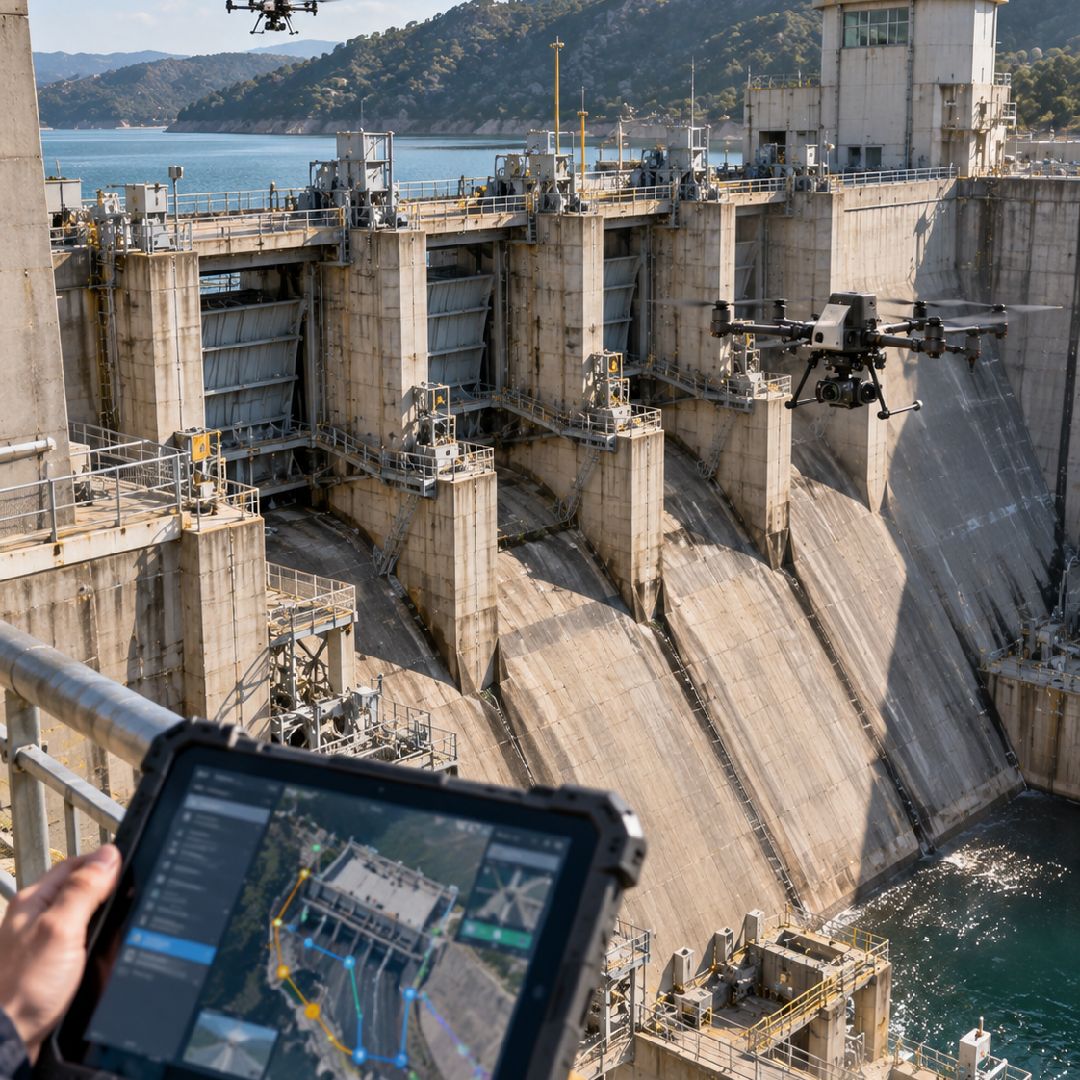 Autonomous inspection drone following AI-optimized flight paths around a hydroelectric dam, using reinforcement learning and real-time mission planning to improve inspection coverage, efficiency and access to critical infrastructure.