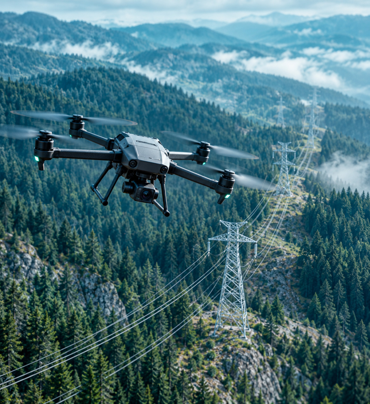A drone over a heavily wooded, hard-to-access area with a power tower