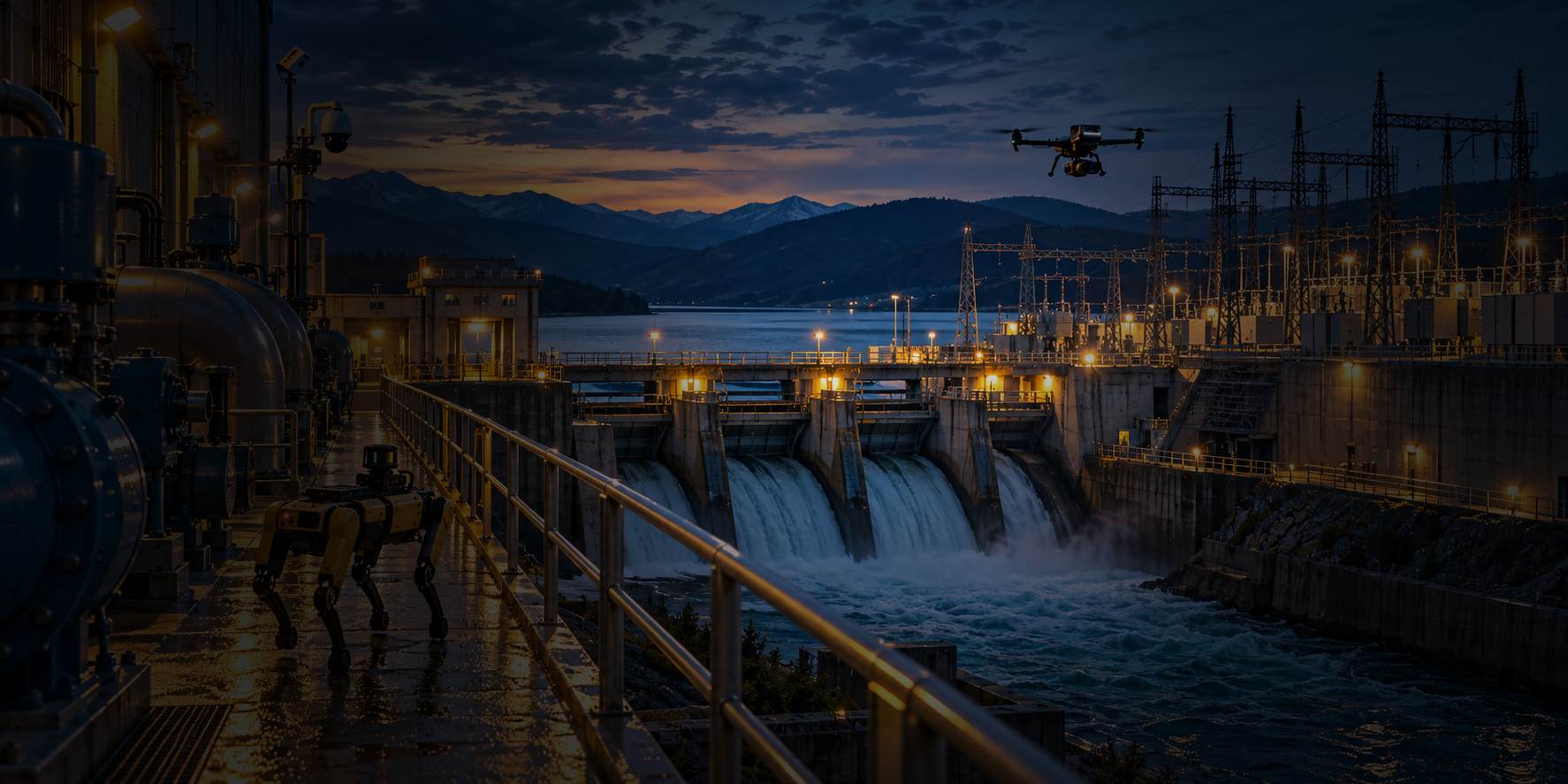 An autonomous drone and a robot at an electric and hydroelectric infrastructure