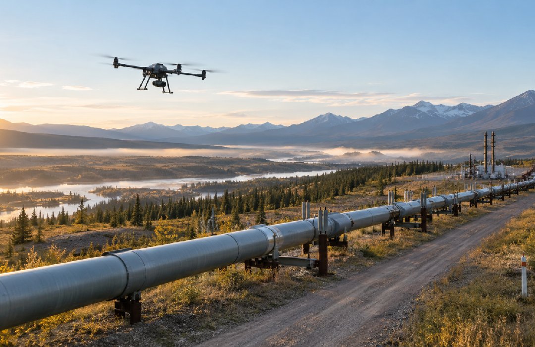 Long-range inspection drone flying above an exposed gas pipeline corridor through mountainous terrain at sunrise.