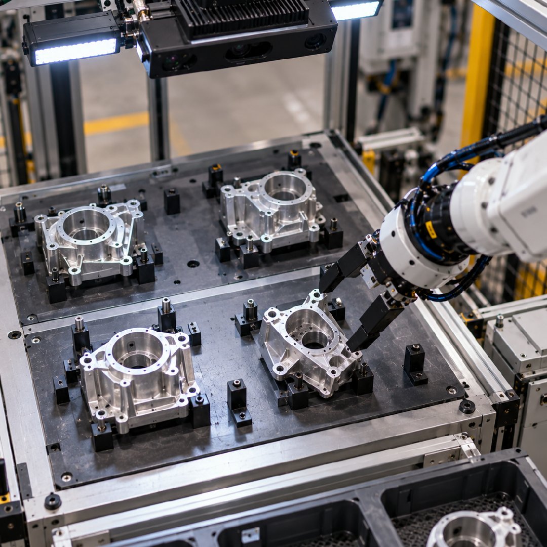 Industrial robotic arm using computer vision to estimate the precise position and orientation of metal components, enabling accurate object detection, adaptive handling and reliable automated manufacturing operations.
