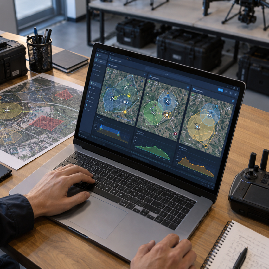 UAV operations specialist configuring positioning policies and coverage zones on a fleet-management platform to coordinate multiple drones as mobile 5G relay nodes, optimize aerial placement and maintain reliable connectivity across the service area.