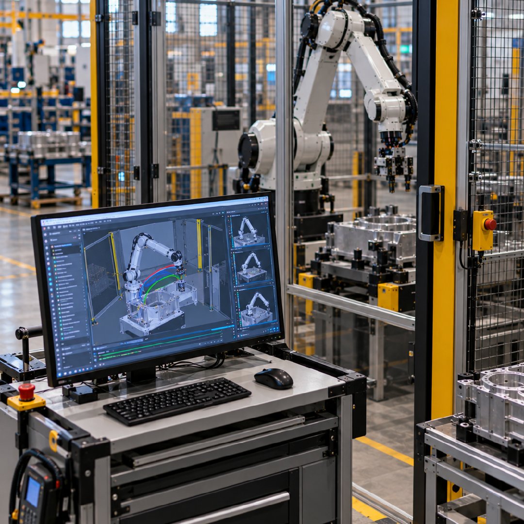 Industrial robotic arm validating planned movements in a digital simulation before deployment, allowing teams to verify trajectories, avoid collisions and confirm safe, precise execution in the physical manufacturing environment.