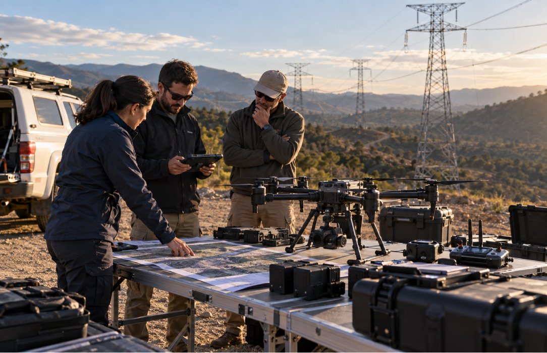 Utility and engineering professionals assessing an industrial drone, inspection payloads and mission equipment before broader transmission-network deployment.