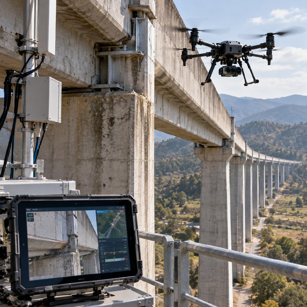 Autonomous inspection drone supporting real-time monitoring of critical bridge infrastructure, combining live visual data, asset location and operational status to help utility teams detect anomalies earlier and coordinate faster maintenance response.