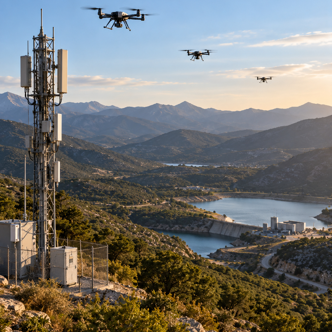 Cooperative UAVs acting as mobile 5G relay nodes above a mountainous utility region, extending coverage from a terrestrial donor station to maintain reliable connectivity across remote and difficult-to-reach infrastructure.