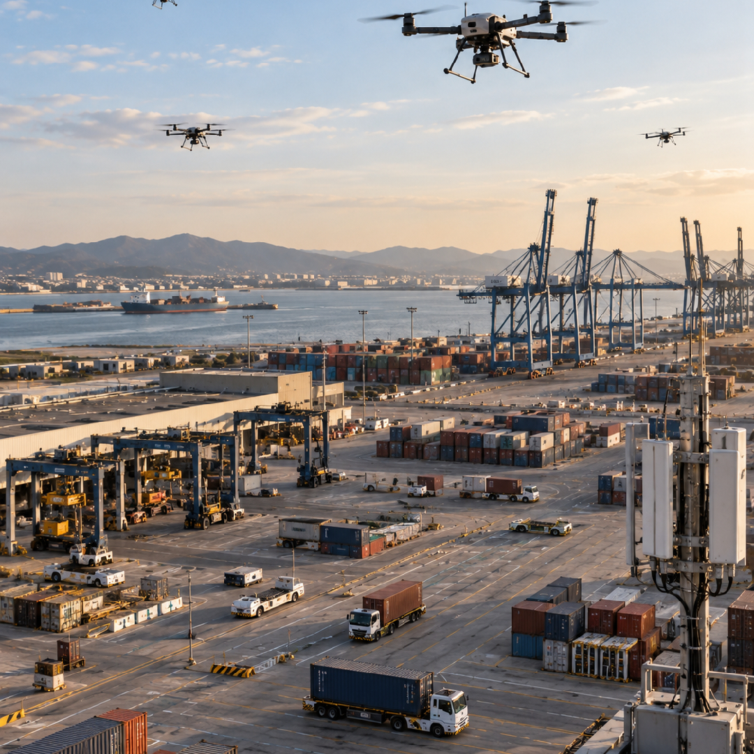 Cooperative UAVs automatically repositioning across a large port environment to maintain 5G coverage, adapt to changing connectivity needs and extend reliable communications over distributed industrial operations.