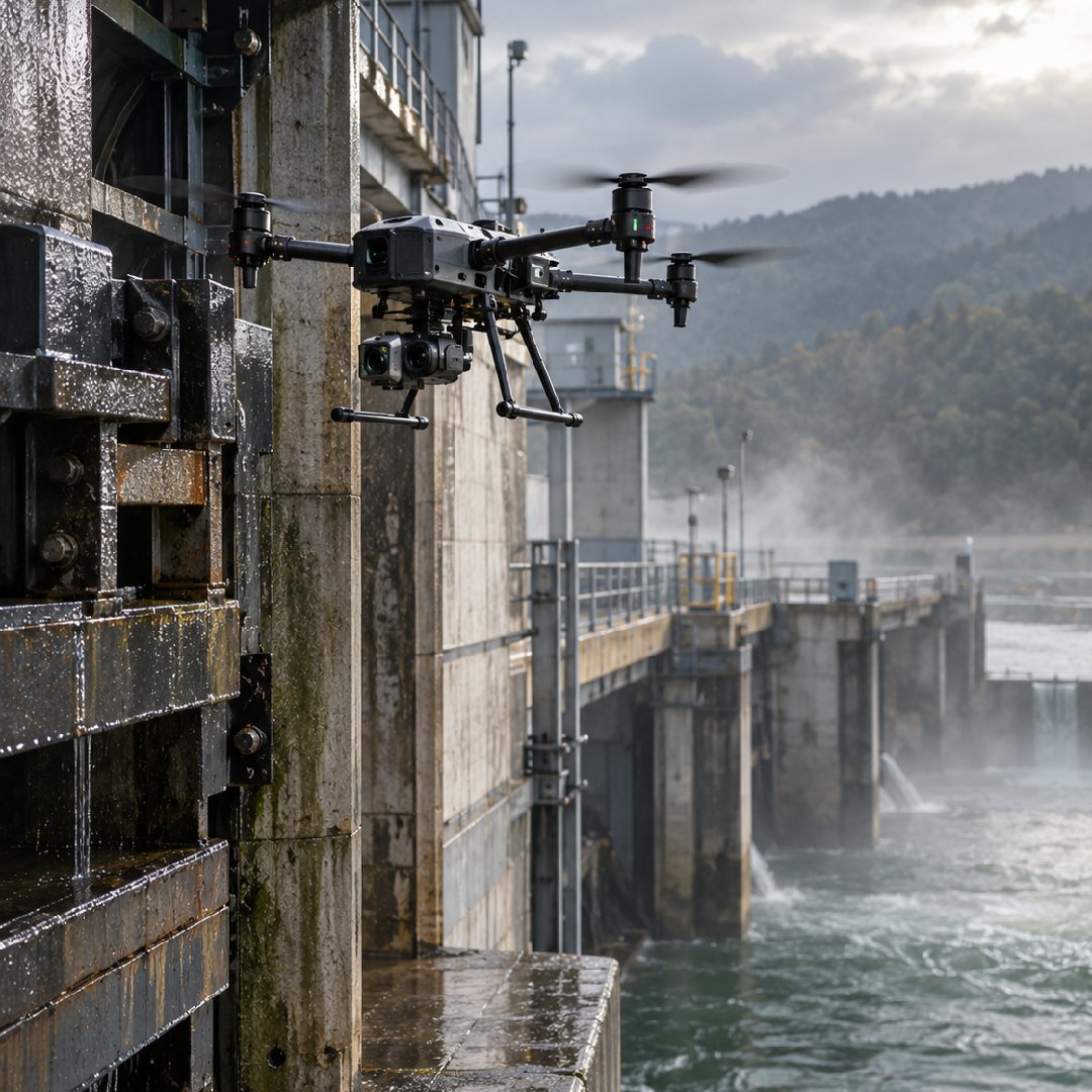 Autonomous inspection drone using resilient computer vision to examine hydroelectric dam structures in wet and challenging environmental conditions, supporting reliable visual inspection, anomaly detection and safer monitoring of critical utility infrastructure.