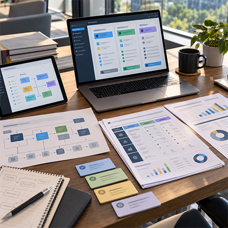 Product planning workspace comparing software options, workflow structures and business case formats to define the right setup for a consistent intake, prioritization and roadmap planning process.