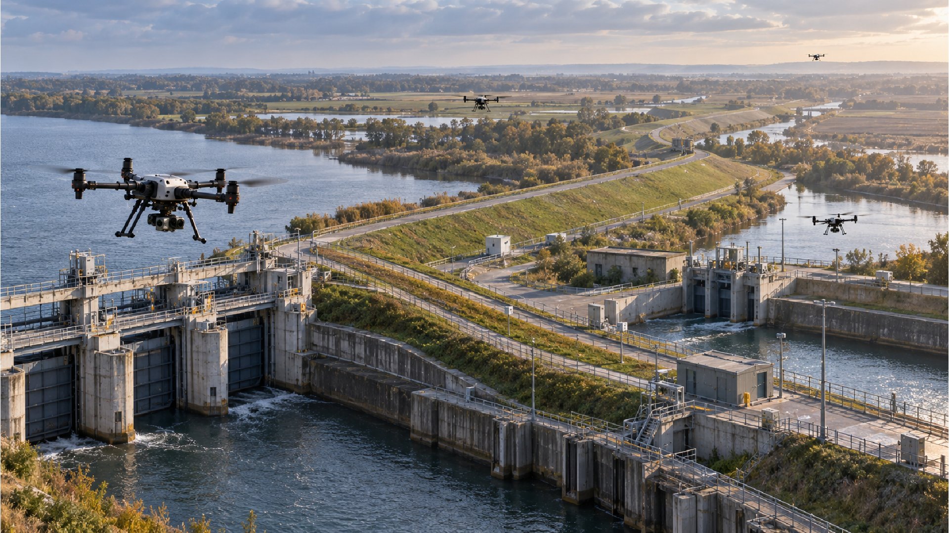 Coordinated UAVs monitoring a large water infrastructure network to provide real-time situational awareness, expand inspection coverage and help utility teams detect emerging conditions across distributed assets.