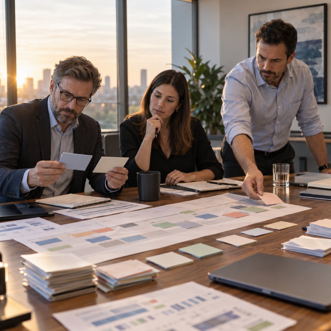 Product planning team structuring prioritization and trade-offs across competing initiatives, comparing value, strategic alignment and constraints to make transparent decisions about what moves forward, what waits and where resources should be focused.