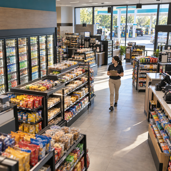 Store operations specialist walks through a service-station convenience store while reviewing its layout and assortment.