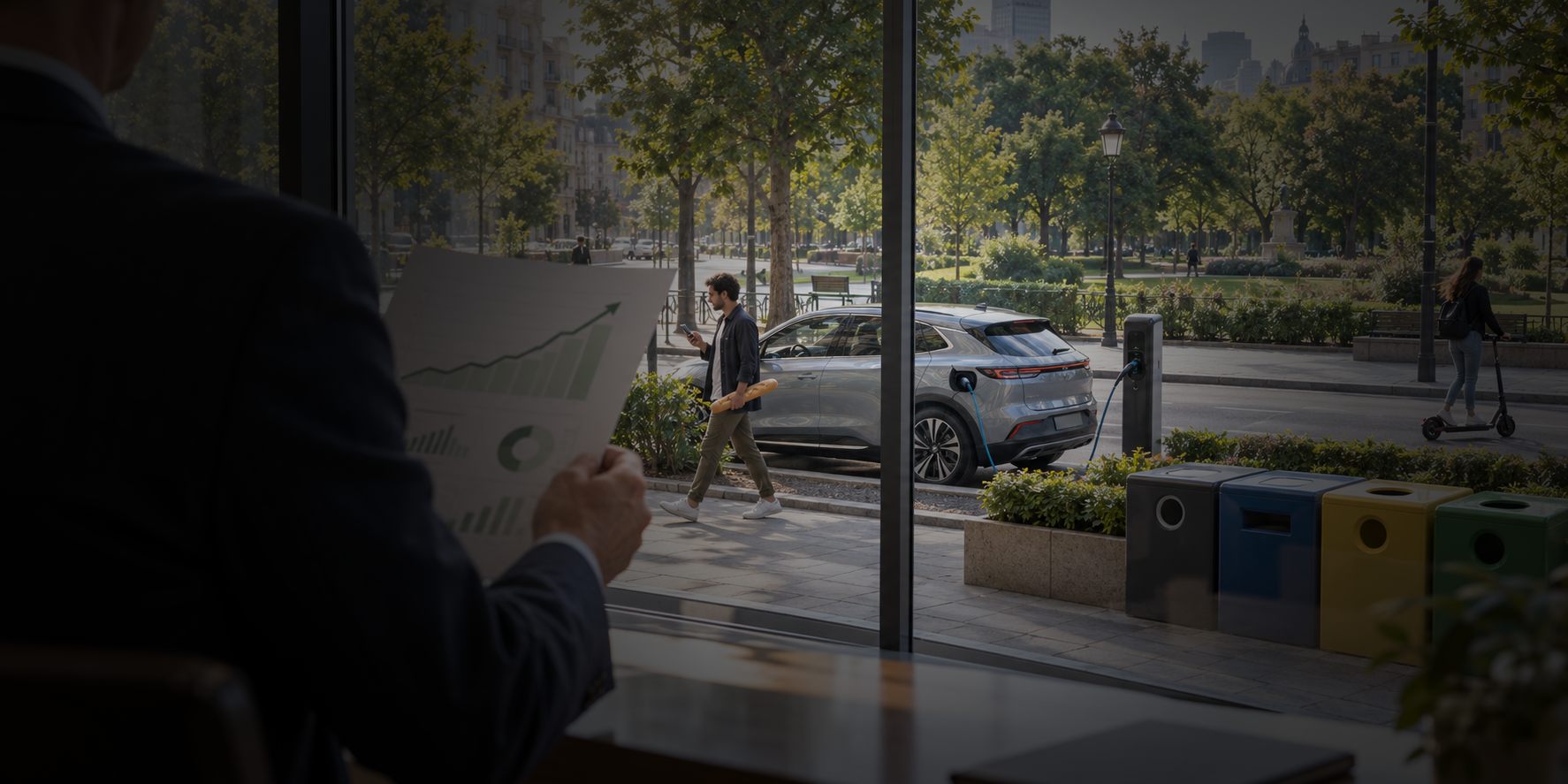 An urban scene with people using sustainable vehicles