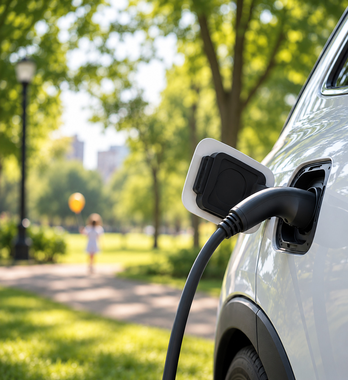 An electric car in charge, green scenario with a child playing at the park