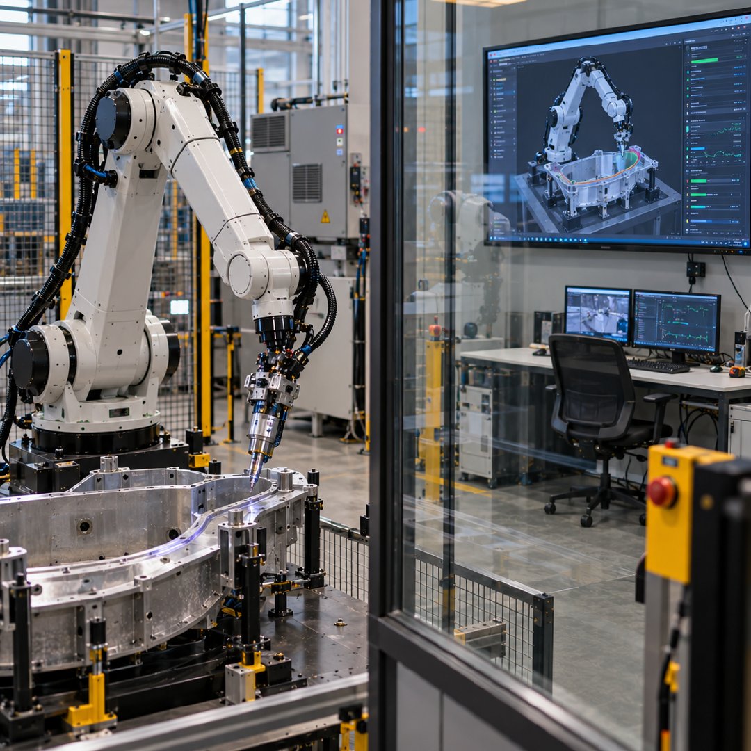 Industrial robotic arm synchronized with its digital twin during a precision manufacturing task, enabling real-time comparison between physical and virtual behavior to validate motion, detect deviations and improve robotic performance.