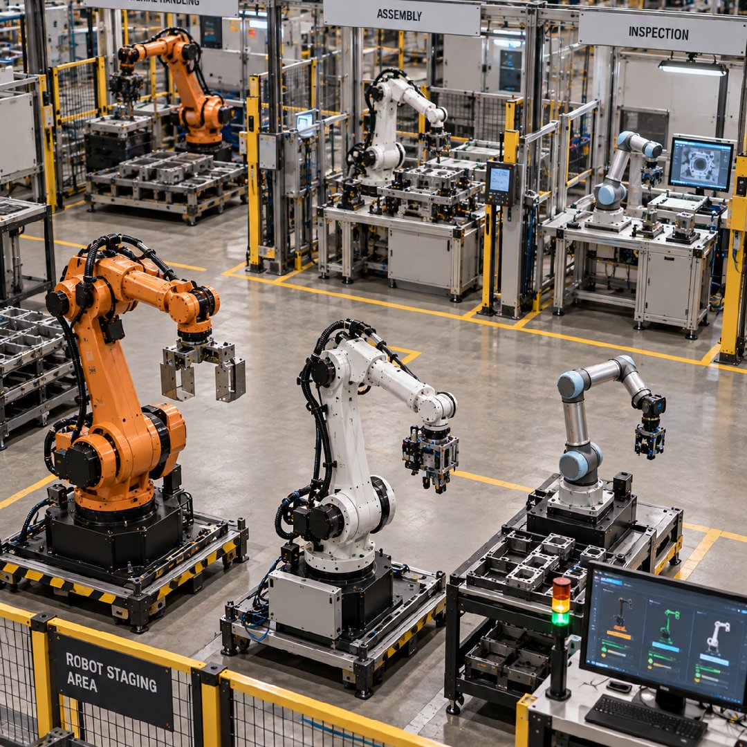 Industrial robotics platform assigning different robots to handling, assembly and inspection tasks across a manufacturing environment, enabling dynamic task allocation, coordinated automation and more efficient use of robotic resources.