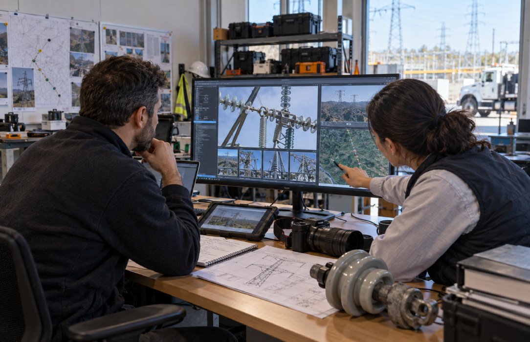 Transmission engineers reviewing multiple asset inspection images and corridor information at a shared technical workstation.