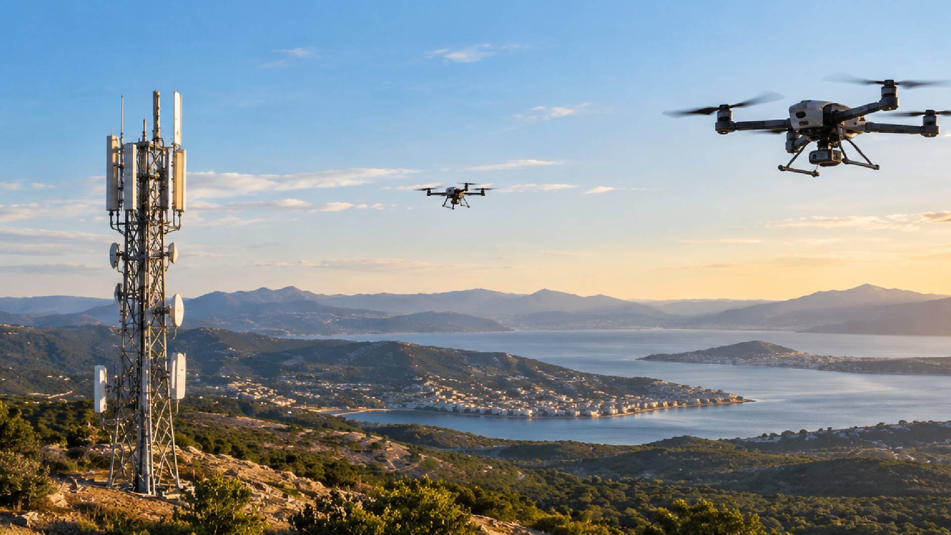 Cooperative networked drones extending 5G coverage across a remote coastal landscape, using mobile aerial relay nodes to dynamically expand connectivity, maintain service reach and support resilient communications across distributed areas.
