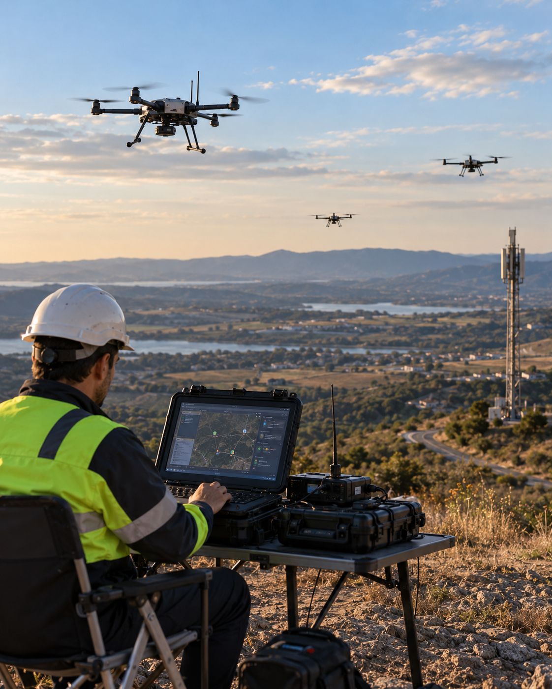 Utility UAV operator coordinating multiple networked drones from a field control station, managing cooperative aerial relay nodes to dynamically extend 5G coverage across a distributed service territory.
