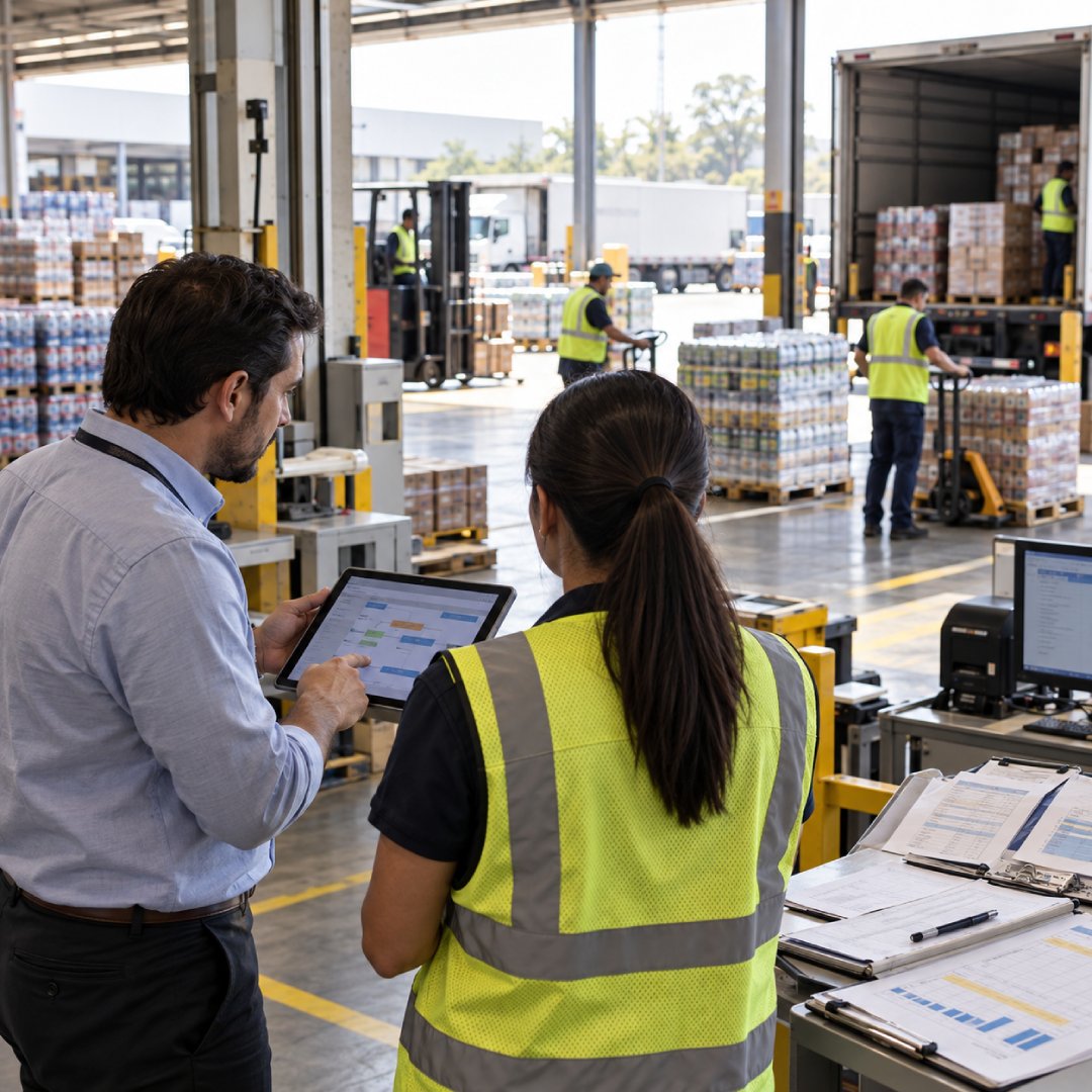 Business and operations specialists observing a distribution process and reviewing current workflows before defining improvements.