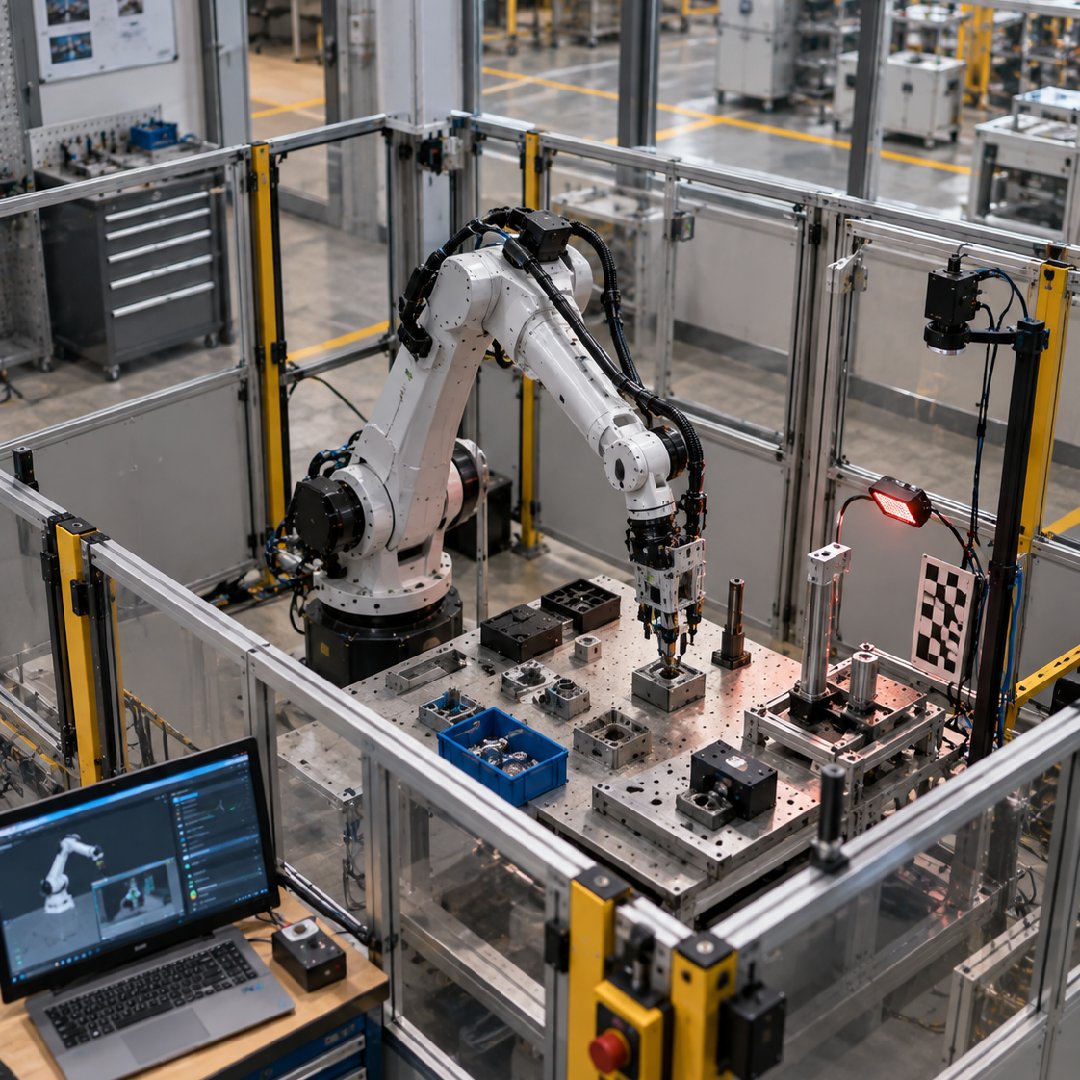 Industrial robot being tested inside a controlled validation cell with machine vision, safety systems and simulation tools, allowing teams to verify robotic capabilities, movements and performance before deployment in live manufacturing operations.