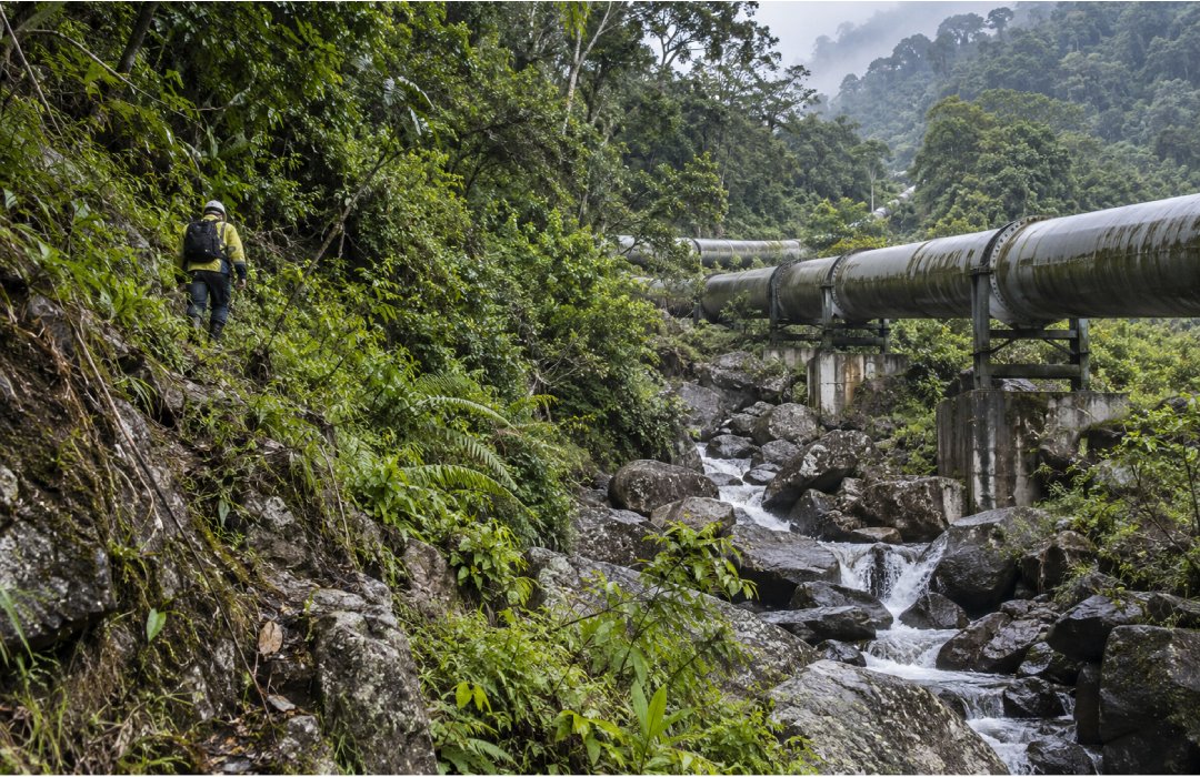 Pipeline inspector moving through dense vegetation beside an exposed pipeline crossing a rocky stream.