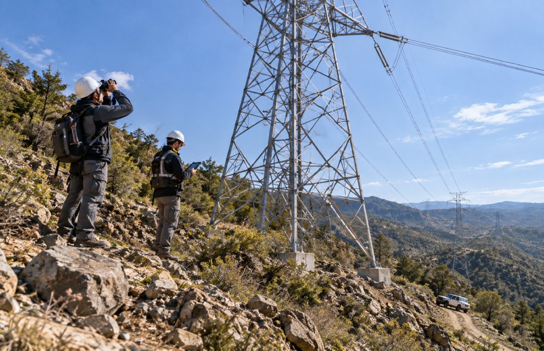 Utility field professionals inspecting a transmission tower from difficult rocky terrain using conventional visual inspection equipment.