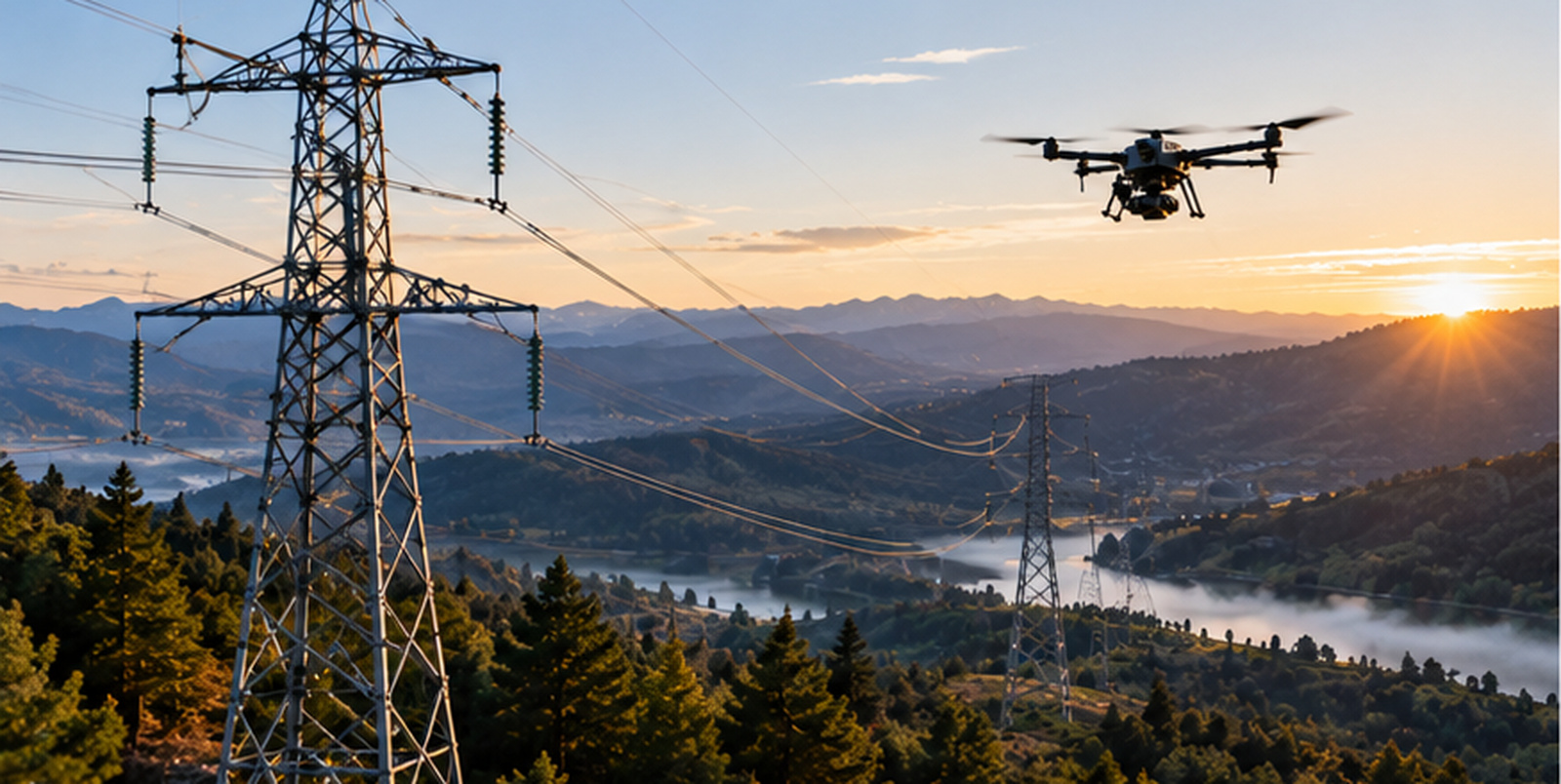 Industrial UAV inspecting a high-voltage transmission line across a remote utility corridor, representing the evaluation of more autonomous inspection models.
