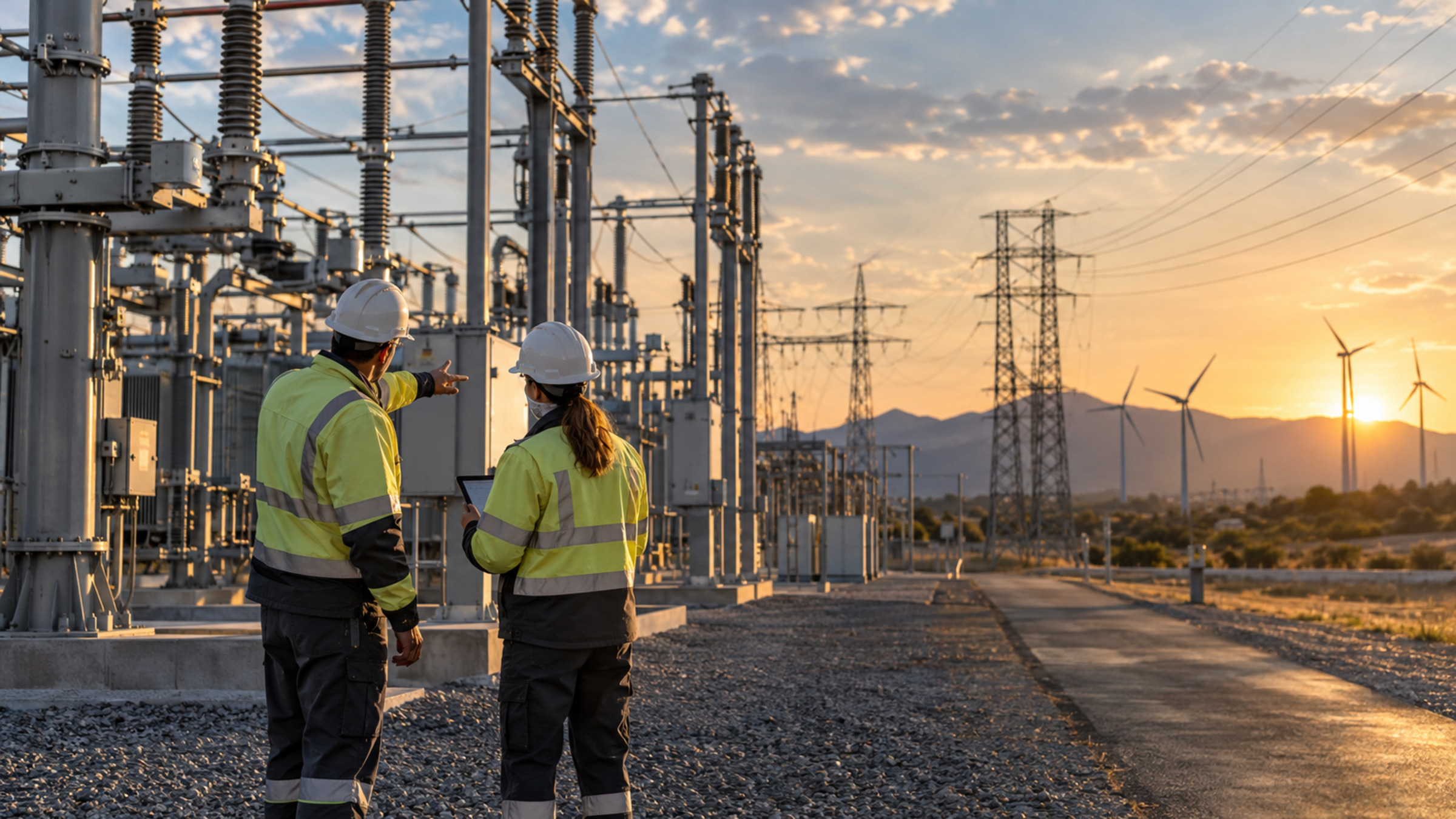 Utility field operators inspect a modern electrical substation connected to transmission lines and renewable generation at golden hour.