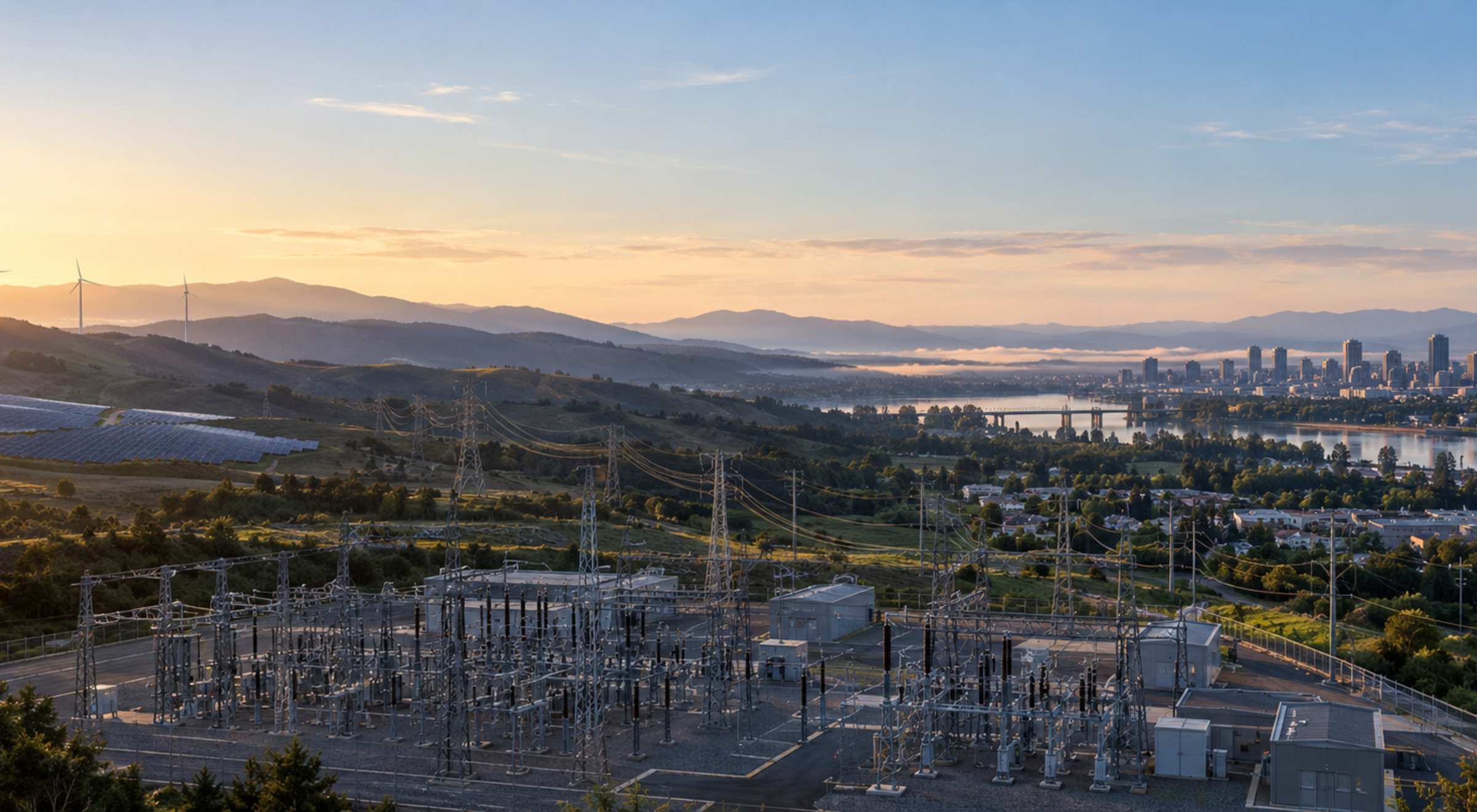A wide utility landscape links a high-voltage substation with wind, solar and a city distribution network at dawn.
