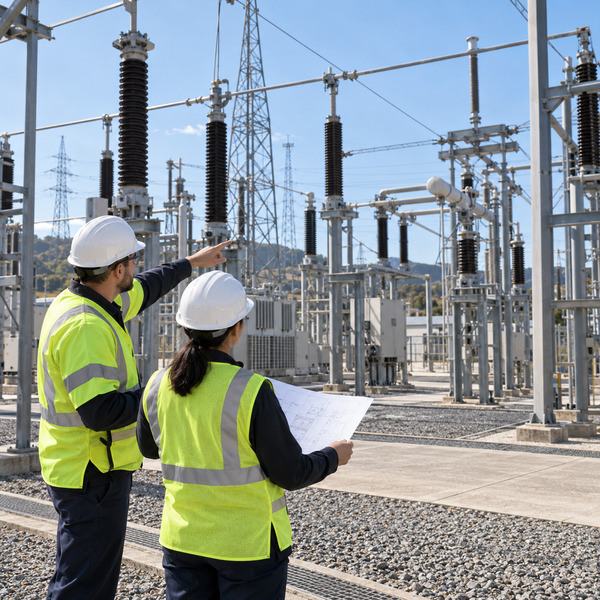 Two utility engineers review a site plan among the interconnected bays and transmission equipment of an electrical substation.