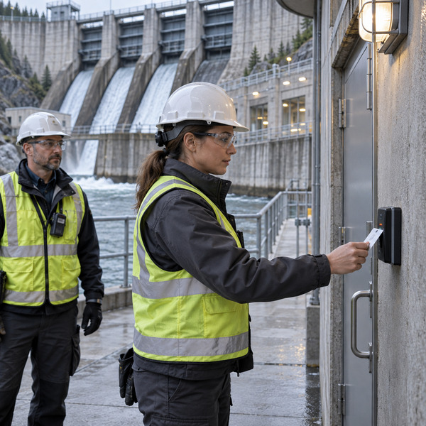 A hydroelectric facility technician uses a secure access reader while a colleague waits beside the dam infrastructure.