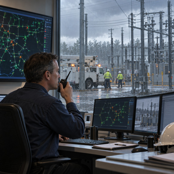 A grid operator coordinates by radio as field crews work in a rain-soaked electrical substation visible through the operations-room window.