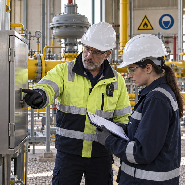 Two specialists verify a control cabinet and operational checklist inside a gas network pressure-regulation station.