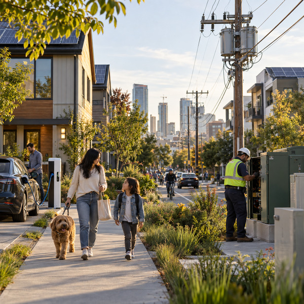 A utility technician works in an urban neighborhood where residents, rooftop energy assets and distribution infrastructure share the same streetscape.