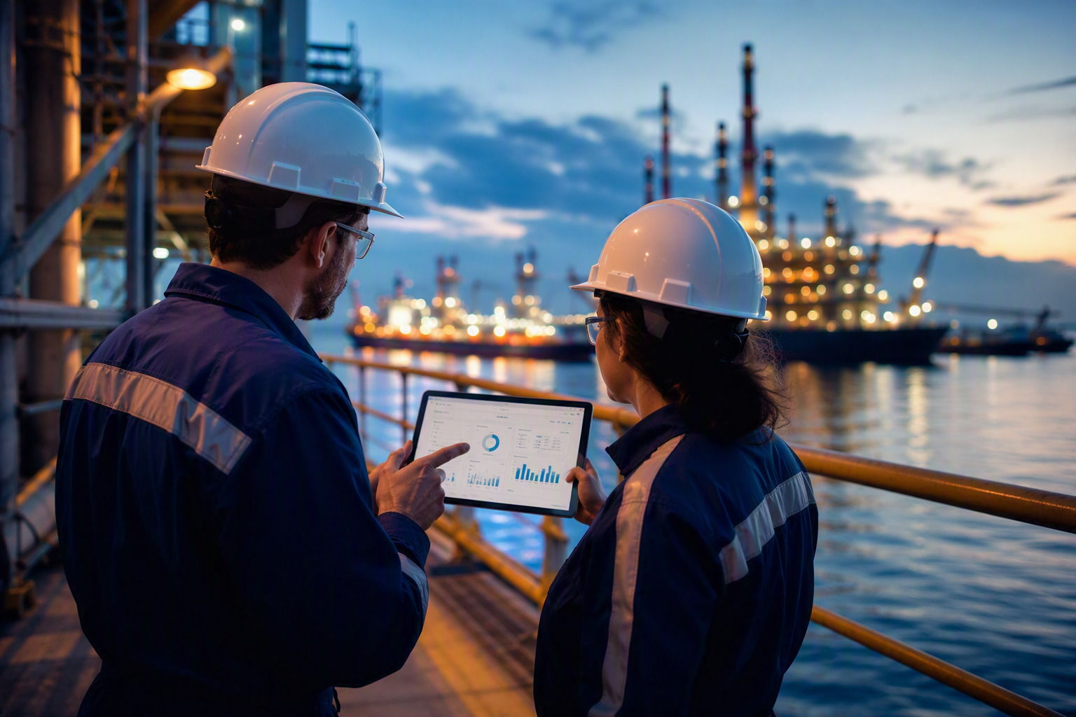 Oil and gas industry professionals reviewing production and supply chain data at a refinery waterfront facility during dusk operations.