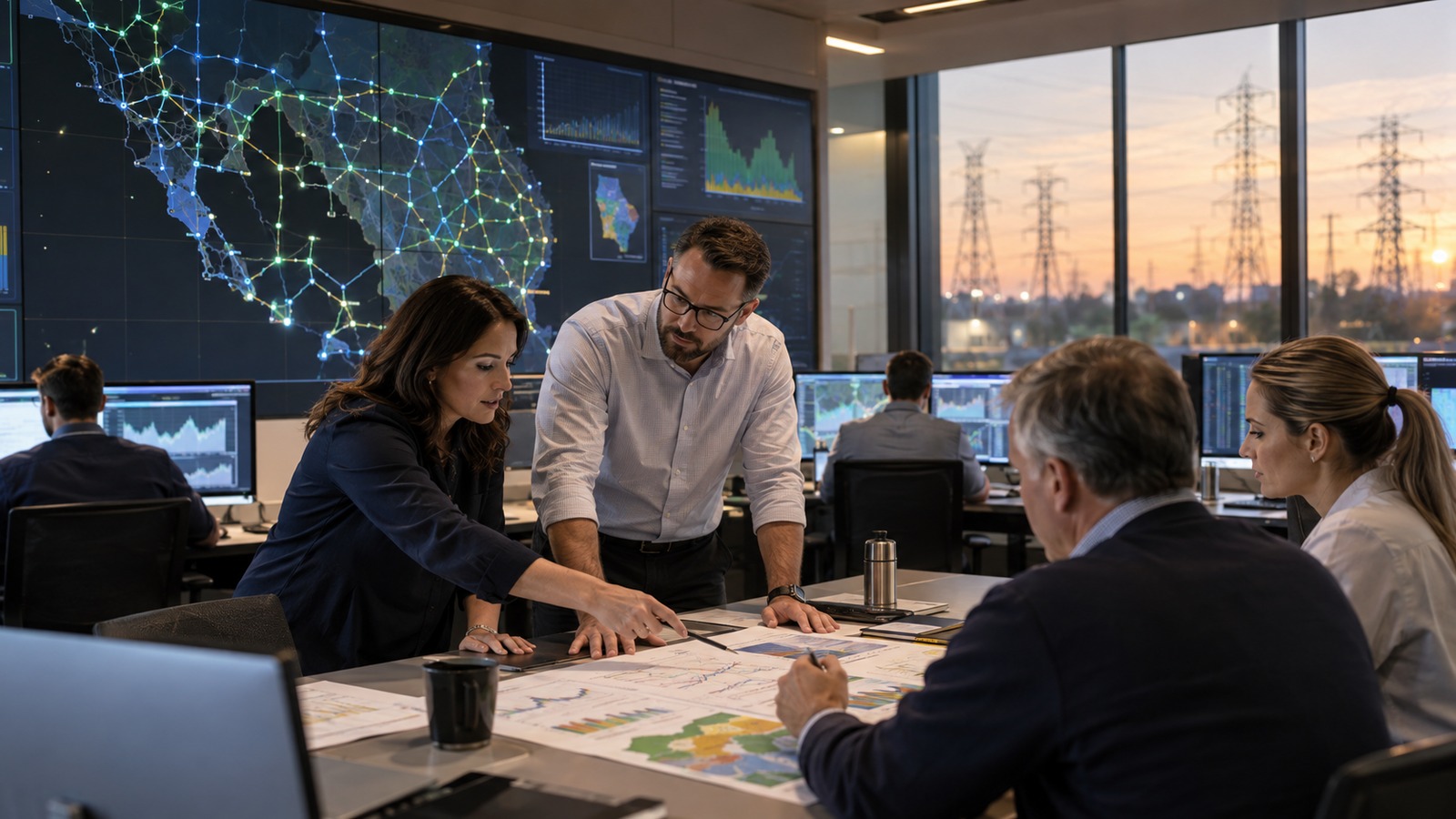 Utility decision-makers comparing electricity bid scenarios and market exposure in a control and trading environment.
