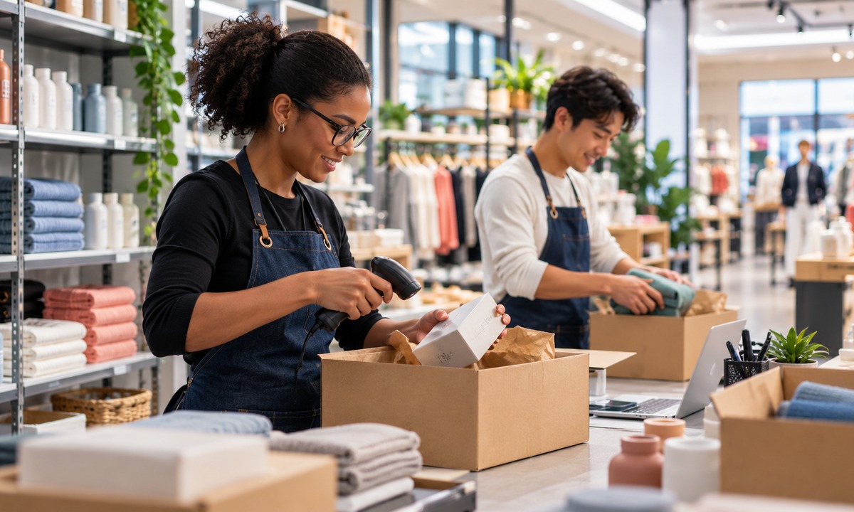 Retail employees scanning products and packing online customer orders in a bright store fulfillment area.