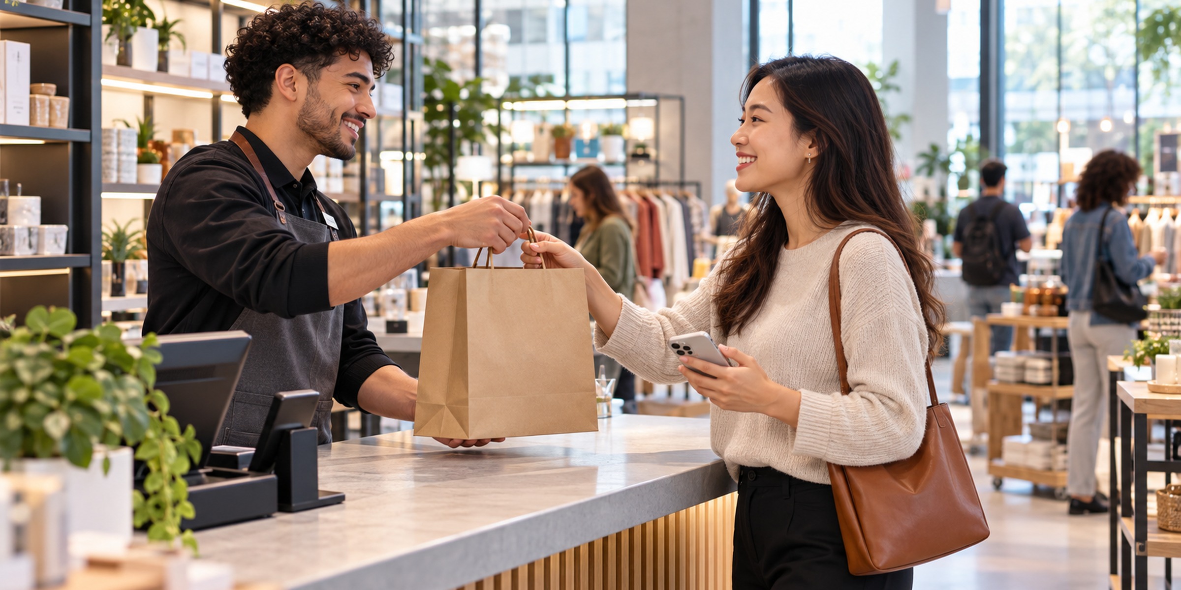 Retail associate handing a click-and-collect shopping bag to a customer holding a smartphone inside a bright multi-category store.