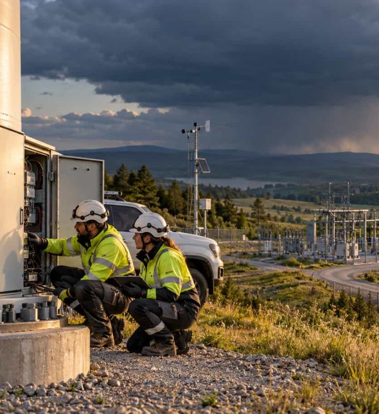 Two technicians inspect a wind turbine at a renewable energy site with solar panels