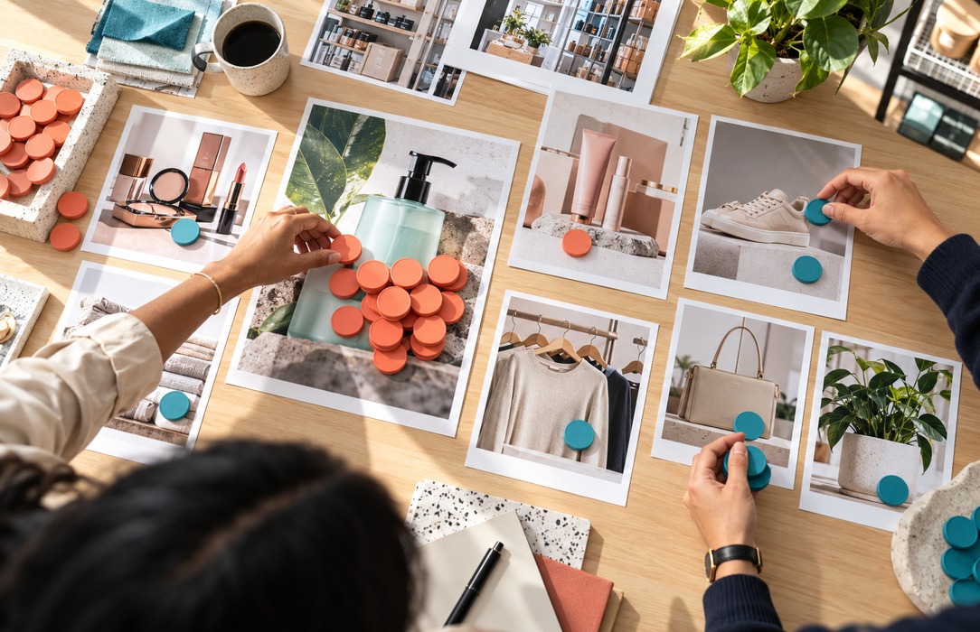 Retail campaign planners redistributing colored budget markers across product photographs, with most markers concentrated on one featured product.