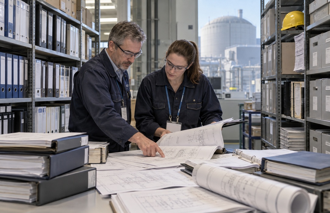 Nuclear utility specialists navigating shelves of technical manuals and plant engineering documents.