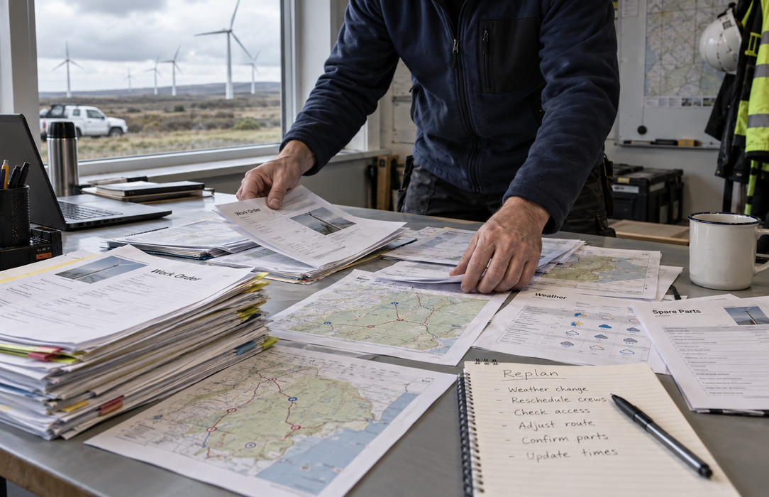 A wind-farm planner reorganizes printed work orders, route maps and maintenance notes with turbines visible outside the field office.