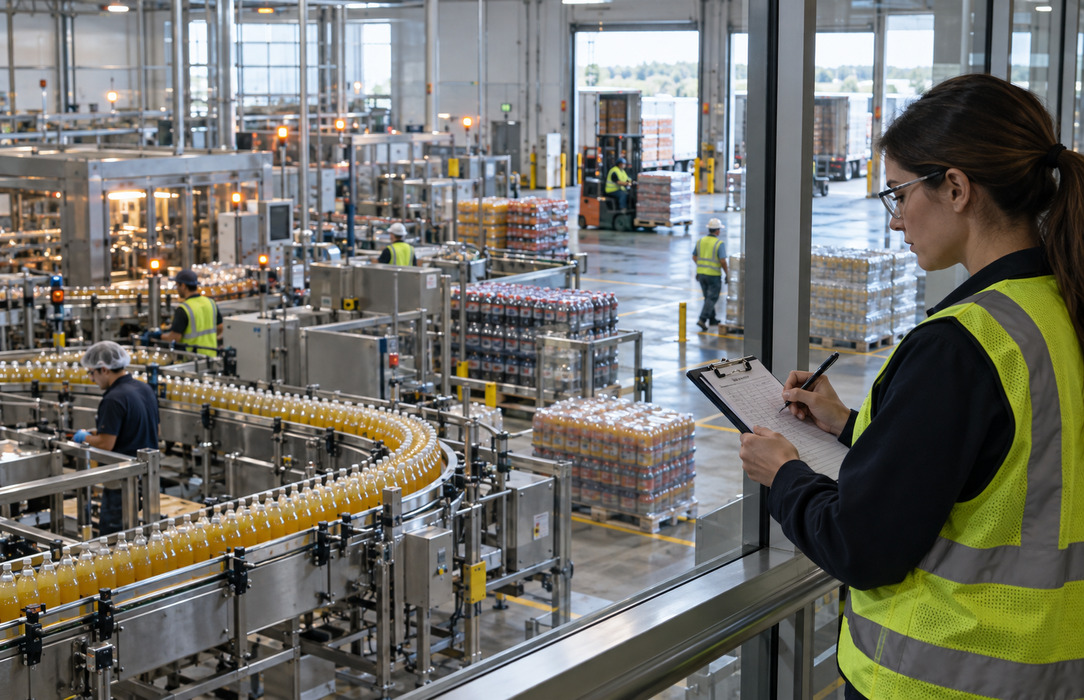 A process analyst records observations from a corridor overlooking beverage packaging lines and dispatch flows, illustrating limited operational visibility.