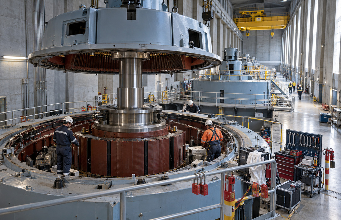 Maintenance specialists work around an open hydroelectric generator during a planned outage in a large turbine hall.