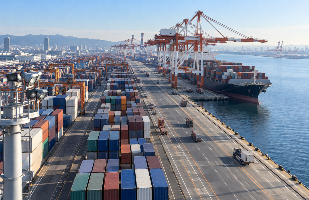 Elevated view along an extensive Japanese container terminal, with long rows of containers, gantry cranes, a berthed ship and harbor water.